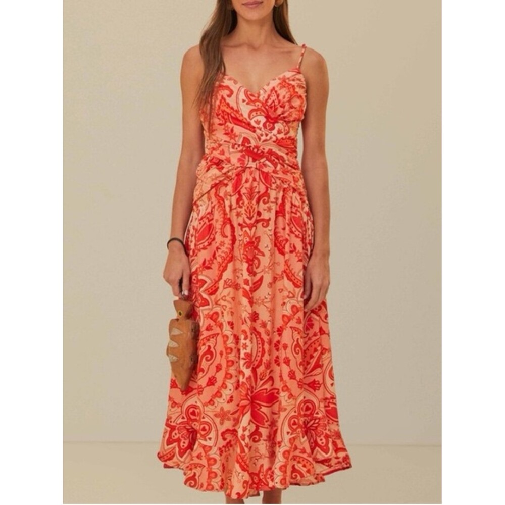 Farm Rio Linen Midi Dress 🌺 Coral Red Paisley Wrap Style Size M
